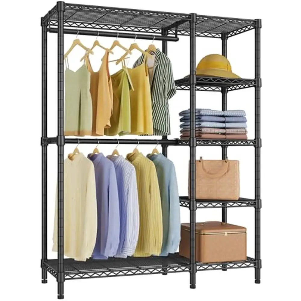 

Heavy Duty Metal Clothes Rack with Double Hanging Rods 5-Tier Shelves Portable Closet System Garment Storage Max Load 670 lbs-