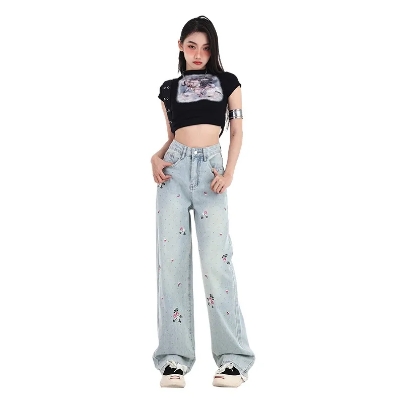 ZHISILAO Vintage Floral Print Jeans Women Blue Wide Leg Straight Full Length Denim Pants Korean Fashion Spring 2024