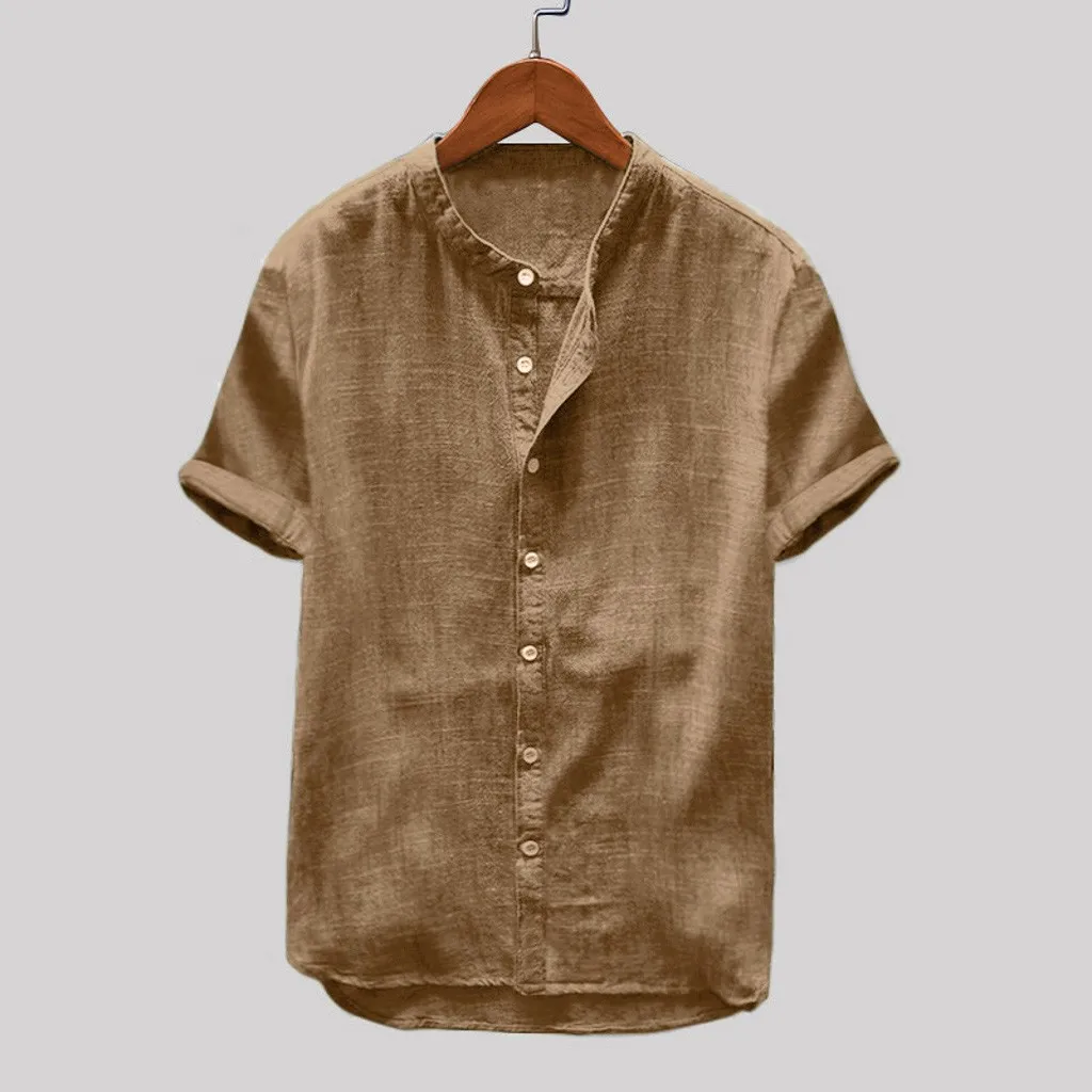 Chemise d'été en coton et lin pour hommes, couleur unie, manches courtes, tunique rétro