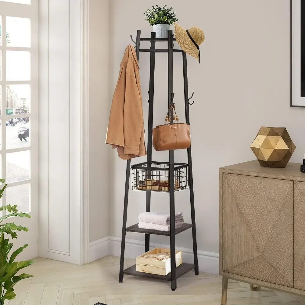 

Coat Rack Freestanding,Hall with Metal Basket and Storage Shelves,Coat Rack 8 Hooks for Hanging Coats/Hats/Bags,Walnut Brown