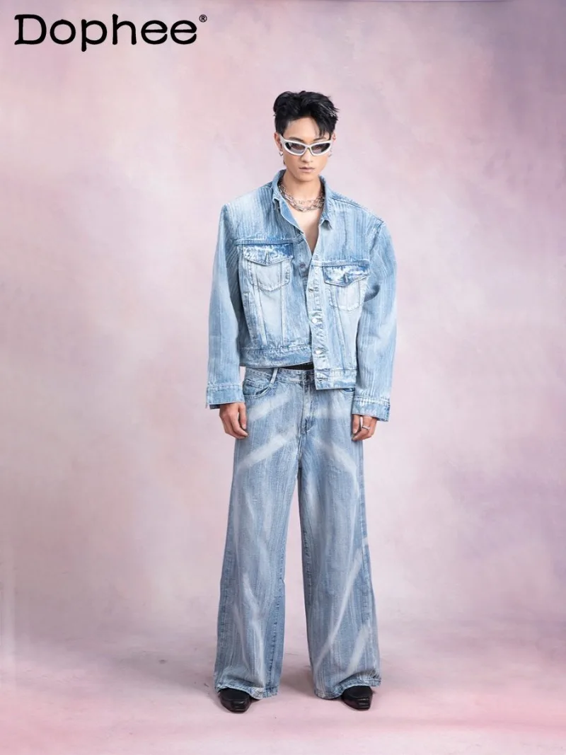 

2026 Spring New Men's American Fashion Trend Denim Suit Design Jacket Loose Casual Pants Two-Piece Set