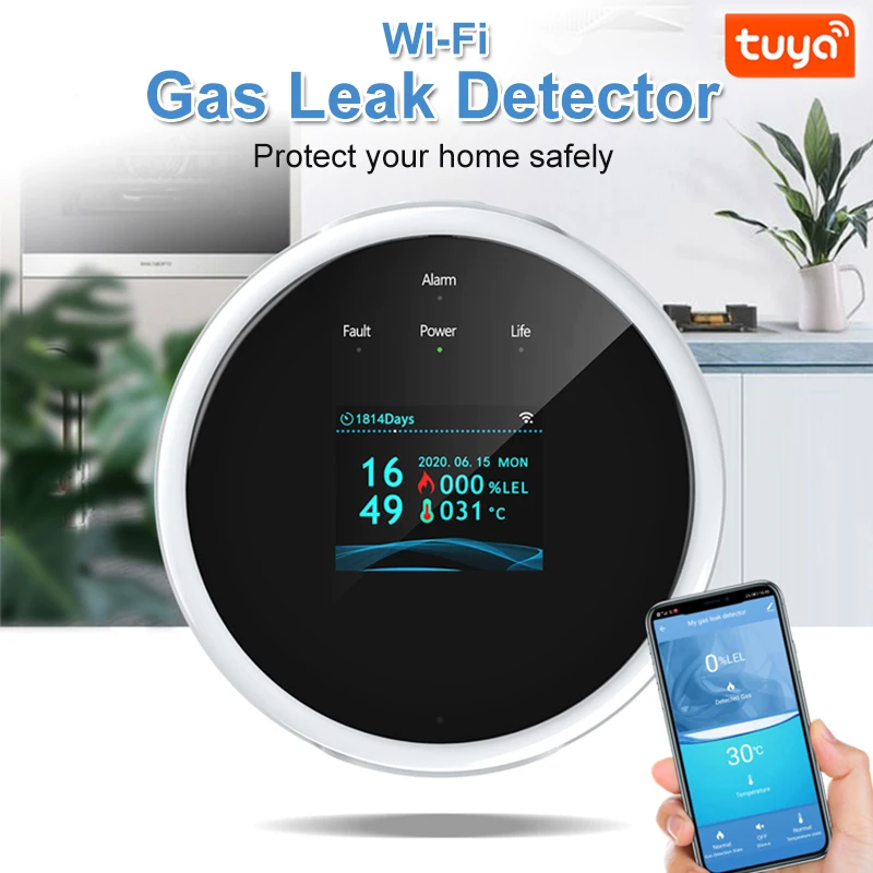 Tuya Wifi Gas Leak Detector Combustible Gas Alarm Color Screen Display Temperature Smart Life APP For Kitchen Villa Warehouse