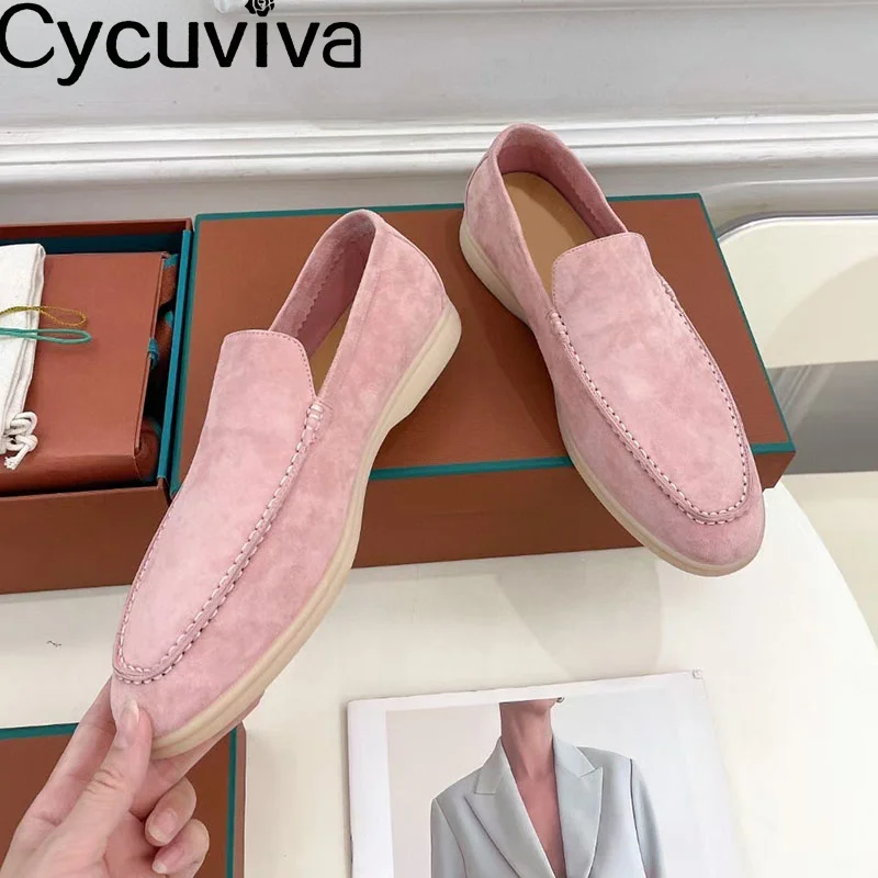 Hot Sale Pink Kid Suede Leather Flat Loafers Shoes For Women Casual Sneakers Autumn Mules Slip On Vacation Walking Shoes