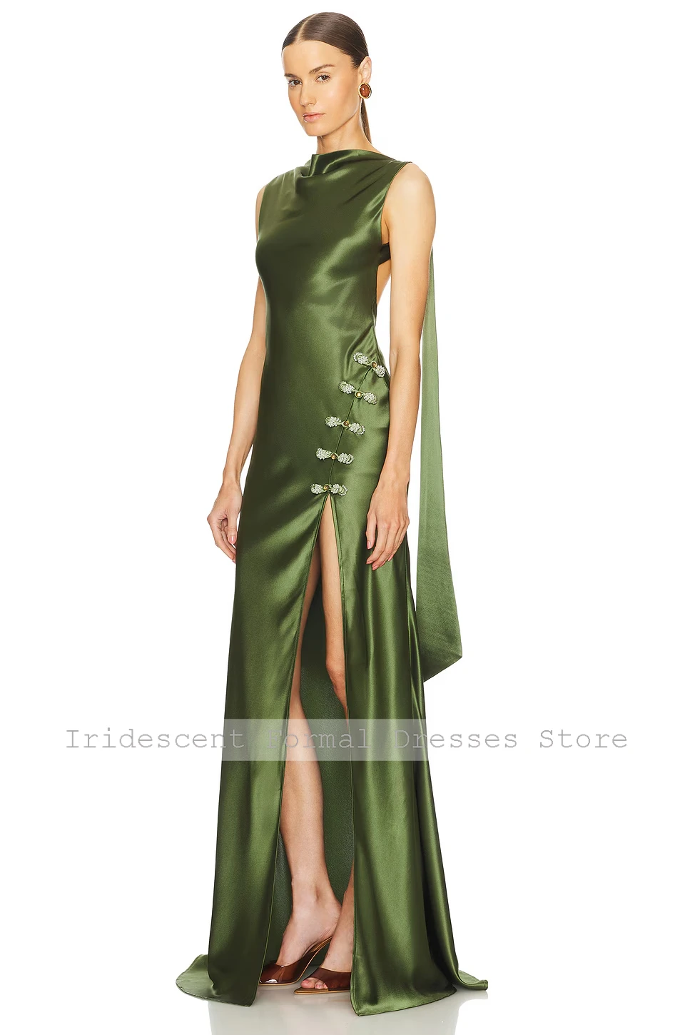Customized Satin Evening Dresses for Women Wedding A Line Beaded Luxury Party Dress with Side Slipt Elegant Sexy Prom Gowns Sage image 2