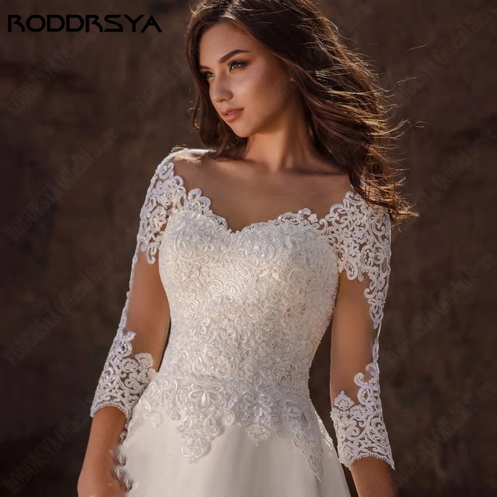 Vestido de novia de encaje princesa roddrsya 3 / 4 mangas calcomanía de cuello V traje de novia RODDRSYA-vestido De Novia De encaje De princesa, traje De Novia De corte en A, con escote en V, mangas 3/4, hecho a medida