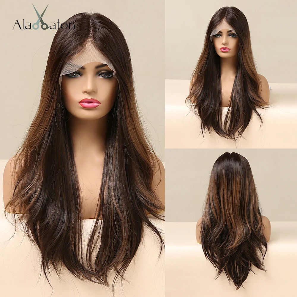 ALAN EATON Long Wavy Dark Brown Ombre Synthetic Lace Front Wigs for Women Middle Part Lace Front Wig High Density Heat Resistant