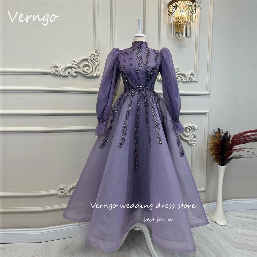 Verngo Modest Glitter Dark Purple Dubai Arabic Evening Dresses Sparkly Diamond Beads Lace Organza High Neck Formal Prom Gowns