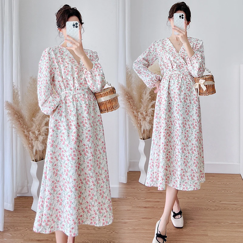 Spring and Autumn Popular Pregnant Women\'s New Printed Dress Long Lantern Sleeve Cross V-Neck Fashion Printing  Maternity Dress