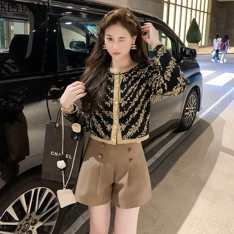 Cropped Knitted Cardigan Women 2023 Autumn Winter O-Neck Contrast Striped Long Sleeve beading Sweater Coat Knitwear Tops Jumper