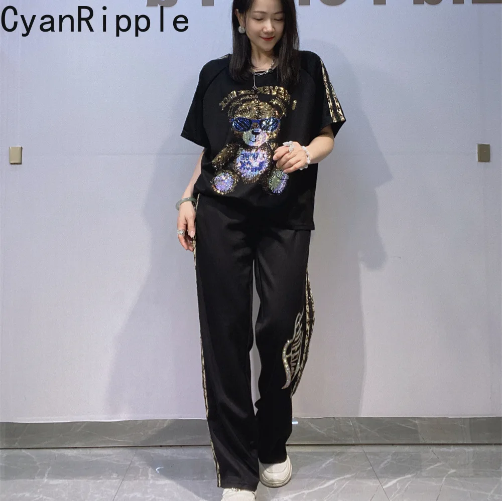 

2026 New Summer Women Two-piece Sets Cute Bear Hot Diamonds Loose Short Sleeve T-shirt Top + Elastic Waist Casual Straight Pants