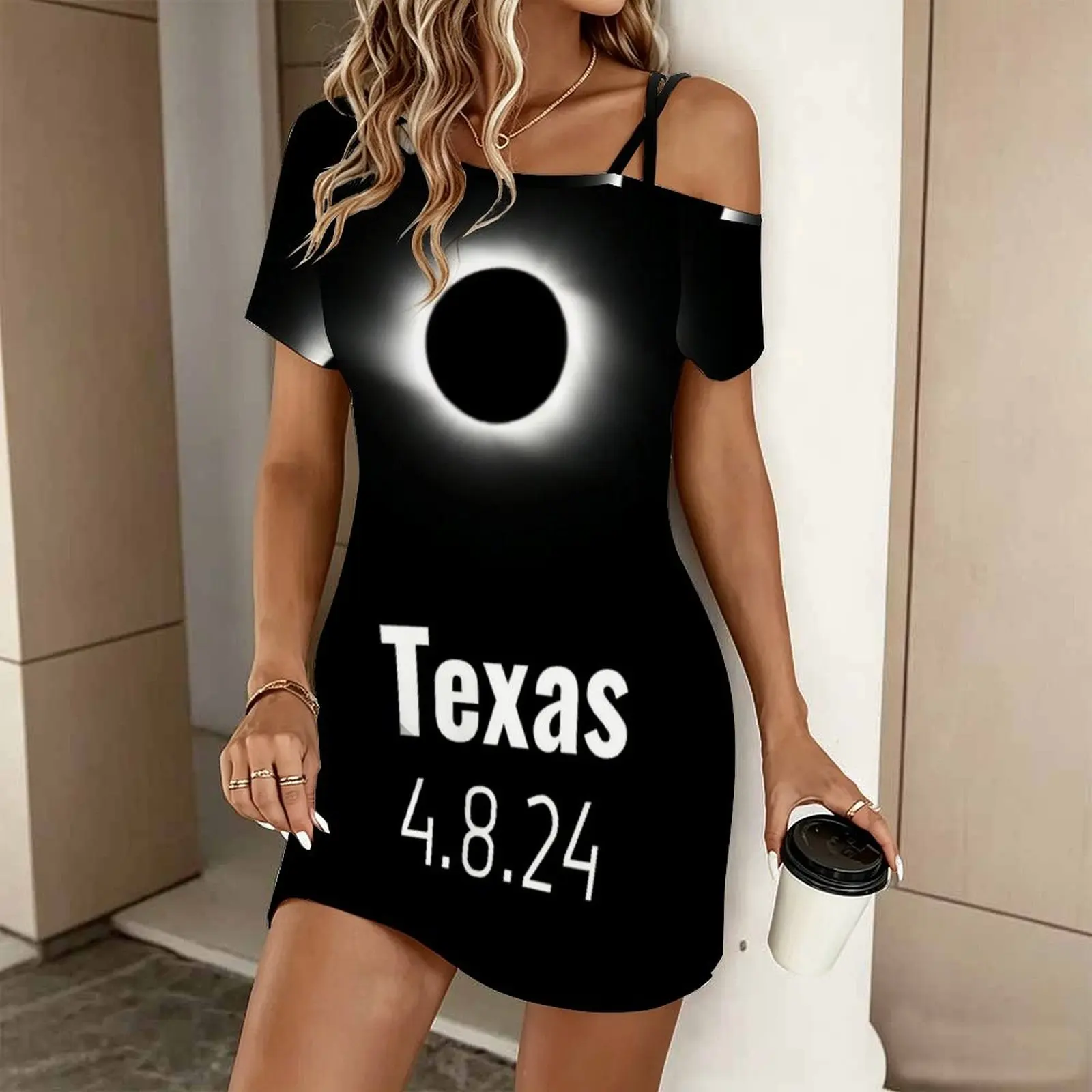 Total Solar Eclipse 2024 Texas Women's Slanted Shoulder Single Strap Short-Sleeved Dress
