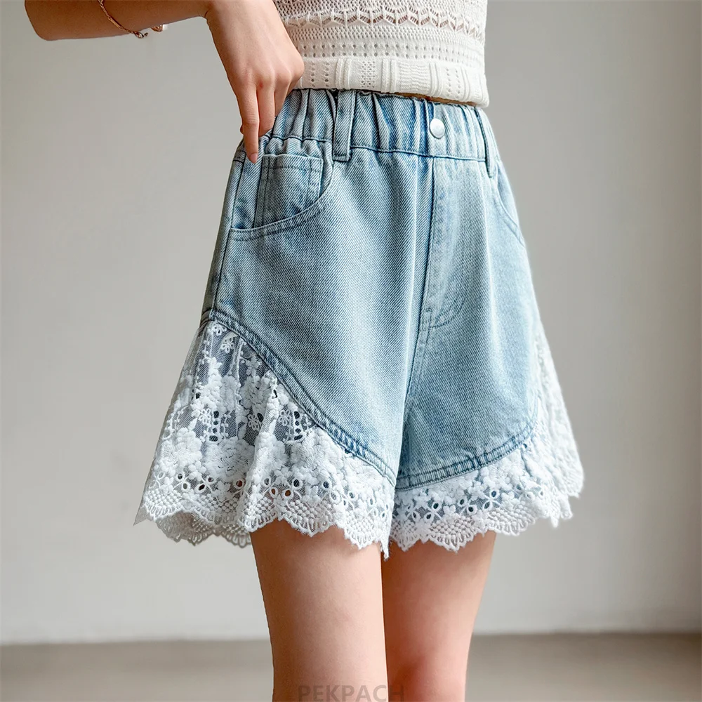 2026 New Summer Children Fashion Mini Denim Shorts with Lace for Teen Girls Elegant Street Style Bottoms Kids Casual Shorts 5-14