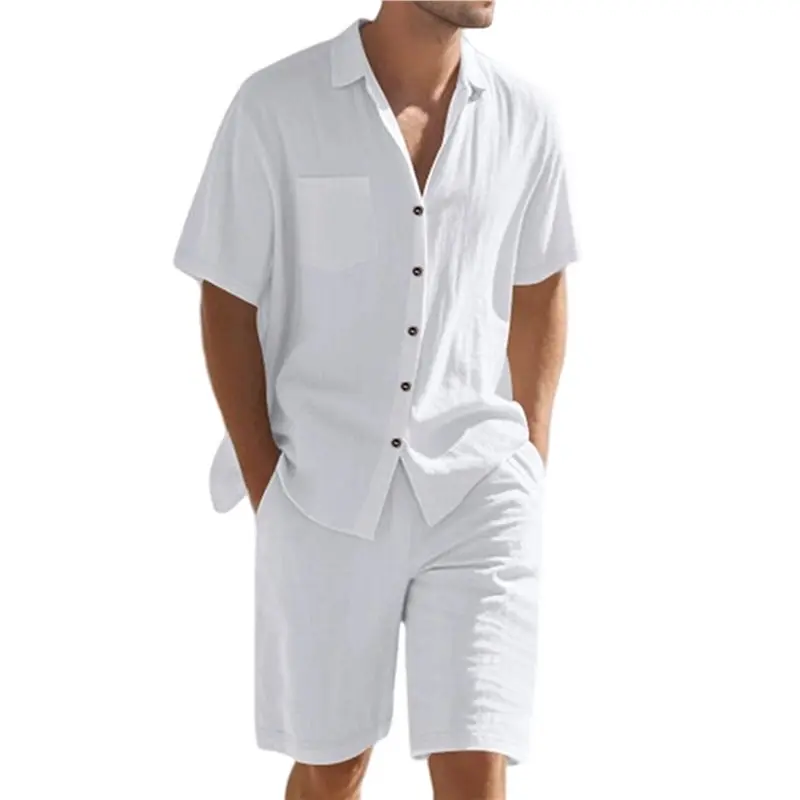 Men's Linen Blend Short Sleeve Shirt & Shorts Set, Casual Summer 2 Piece Outfit