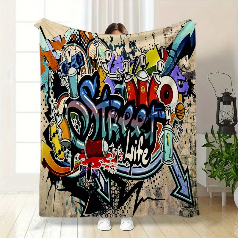Vintage Wall Graffiti Spray Can Street Culture Graphic Print Flannel Blanket Light Cover For Living Room Couch Household Warm