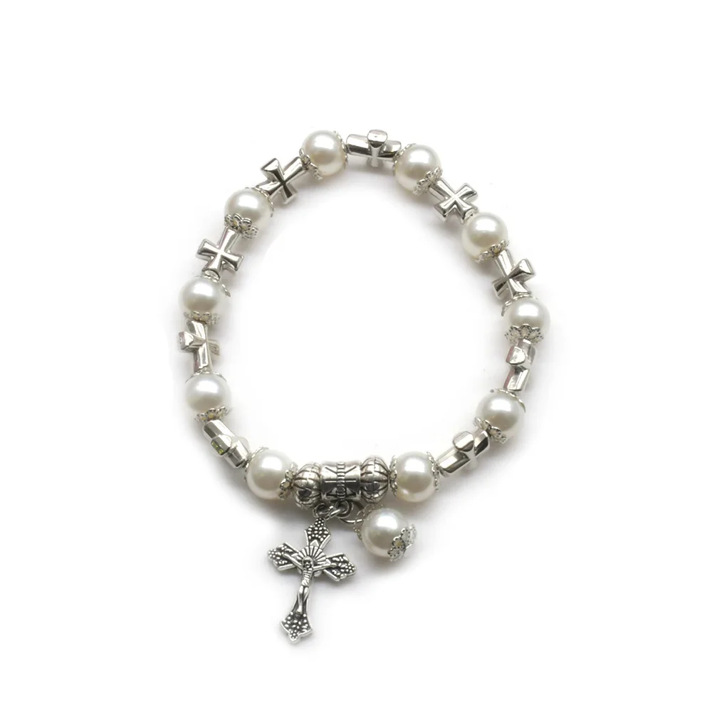 

QIGO White Glass Pearl Cross Elastic Rosary Bracelets Religious Jewelry For Women