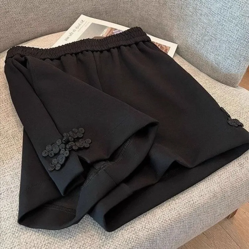 

Mini Trouser Summer Latest Chinese Style Buckle Casual Black Shorts Large Size Baggy Thin Elastic High Waist Women's Short Pants