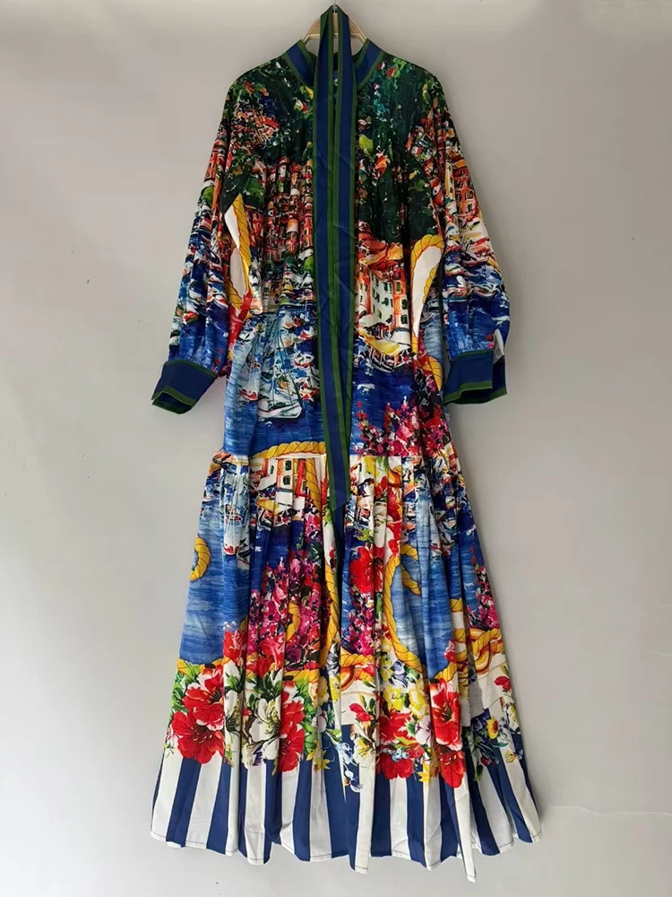 Vestido Retro con estampado de paisaje de frutas y verduras, vestido camisero con lazo en la cintura, falda acampanada plisada holgada, otoño 2025