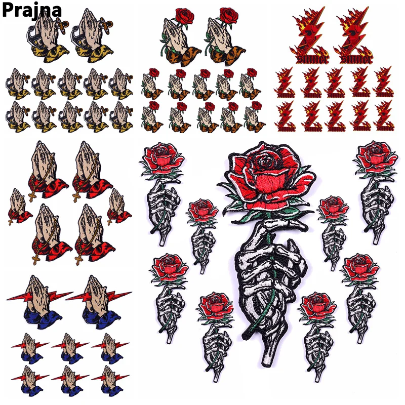 Prajna 10PCS Rose Skull Patch Iron On Embroidered Patches On Clothes Jacket DIY Finger Skull Patches For Clothing Patch Sticker