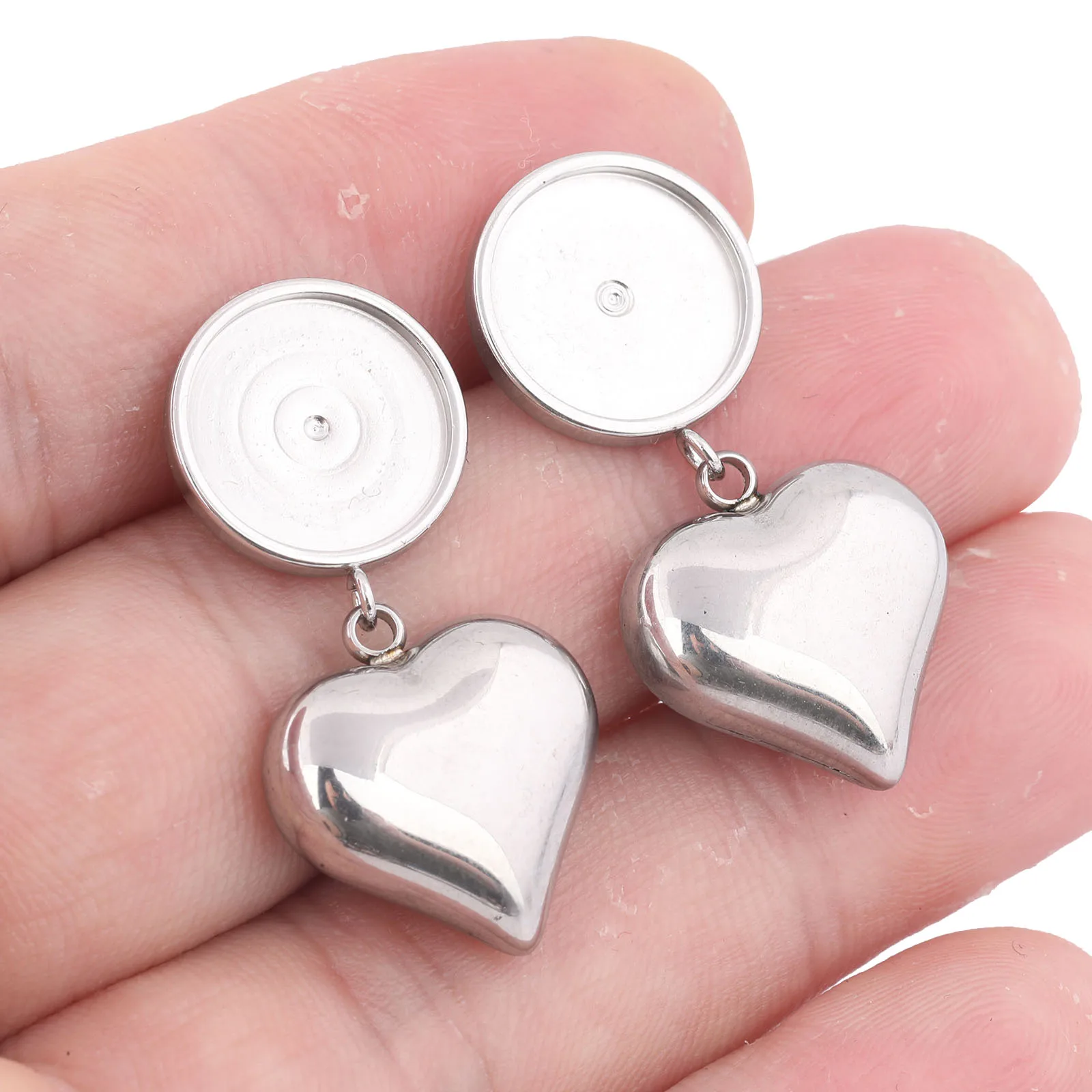 6pcs Stainless Steel Fit 12mm Cabochon Earring Base Blanks Studs With Heart Charms Diy Bezel Settings For Jewelry Making