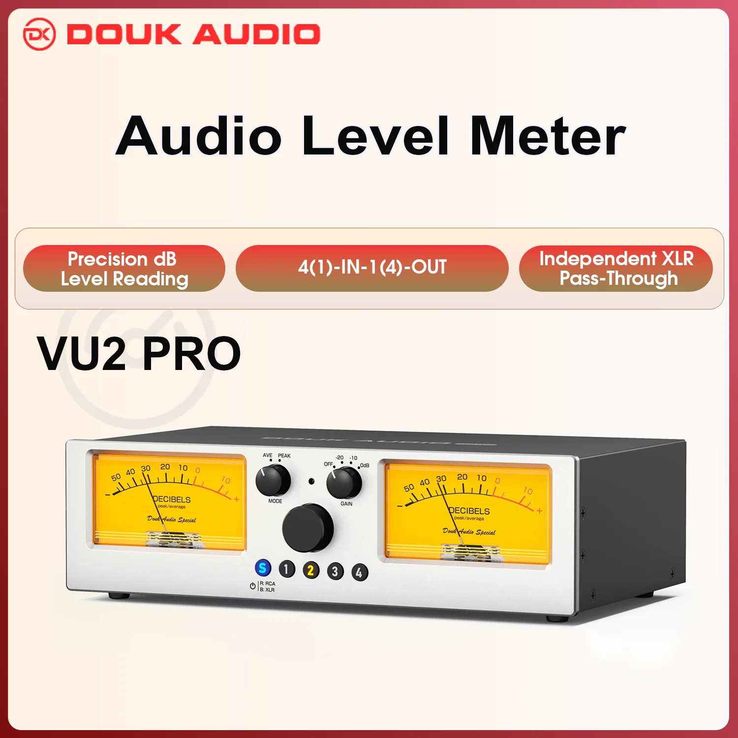 Douk Audio VU2‑PRO Accurate Analog VU Meter, 4‑Channel RCA Audio Switcher Splitter with XLR Pass‑Through