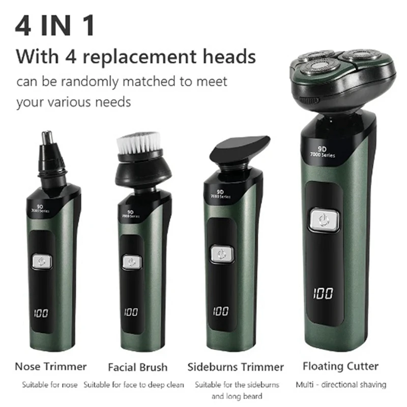 Electric Shaver LCD Digital Display Three-Head Floating Rechargeable Smart Razor Waterproof Shaver Type-C Charge