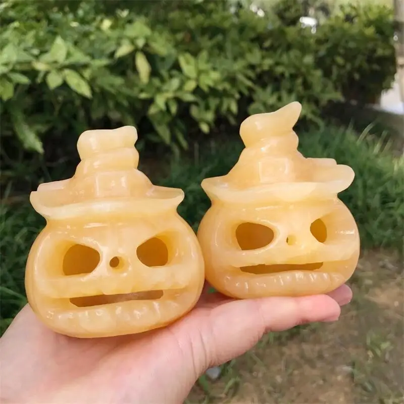 Natural Orange Calcite Hollow Skull Carving Ornaments Crystals  Healing Home Decoration Accessories 1PCS