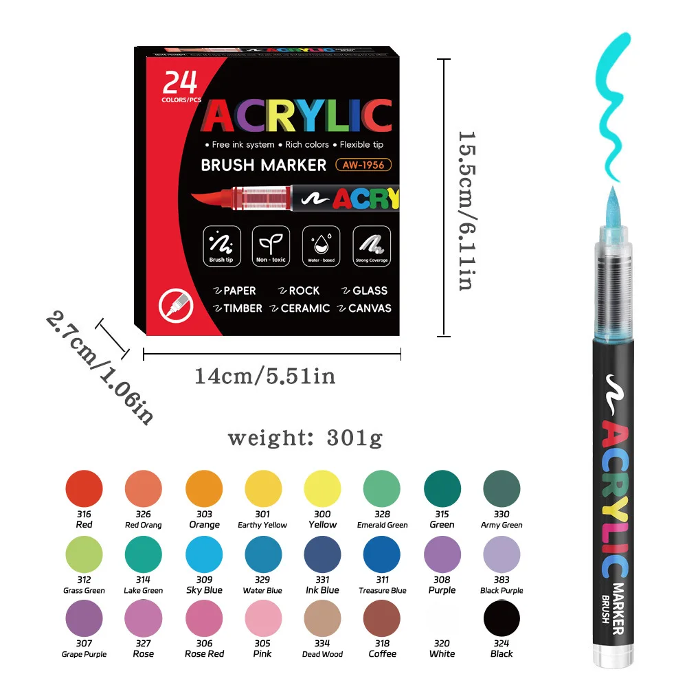 12-366 kleuren acrylverf pen marker penseelpunt verf automatisch inktcontrolesysteem marker voor rotsschildering hout kerstcadeau
