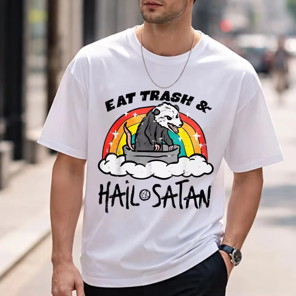 Opossum Eat Trash Hail Satan Funny Possum Occult Men Women T-Shirt Streetwear Funny Outdoors High Quality Cotton Short-sleev Tee