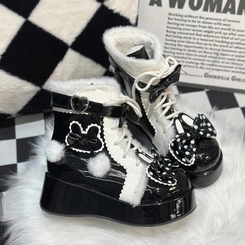 Doce lolita estilo botas de neve de inverno cosplay estudante feminino bonito pelúcia quente bolinhas coelho orelha velo-forrado sapatos plataforma 2026