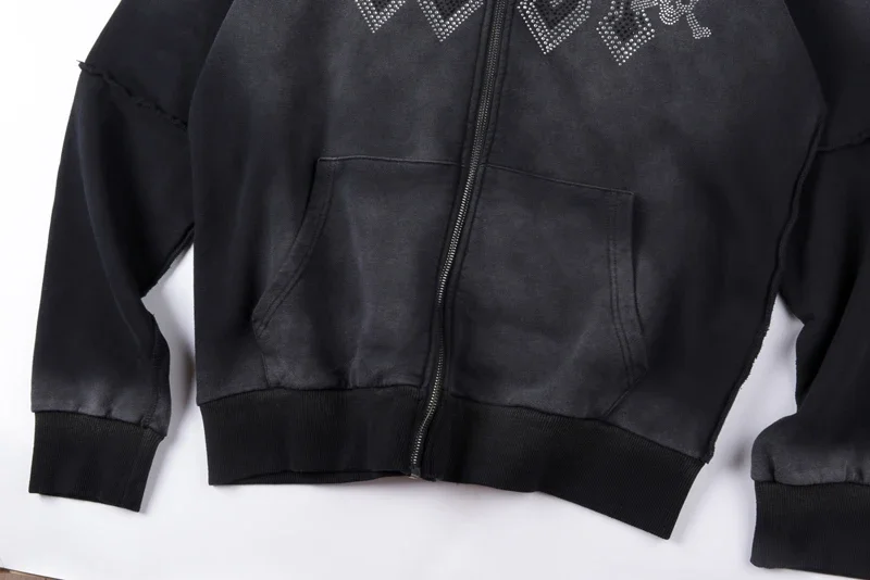 Lost Intricacy Lavender Patchwork Hoodie High Street Casual Loose Men Women Diamond Inlaid Logo Oversize Hooded