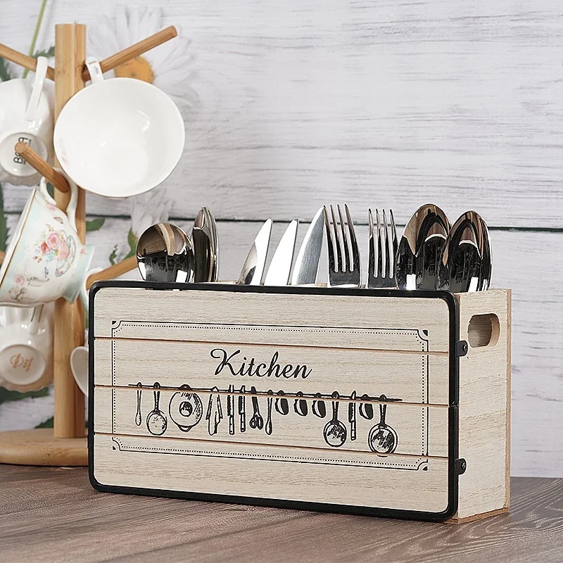 4 Grids Retro Wooden Tableware Storage Box Tabletop Knife Fork Chopsticks Spoon Storage Rack Home Kitchen Cabinet Organizer