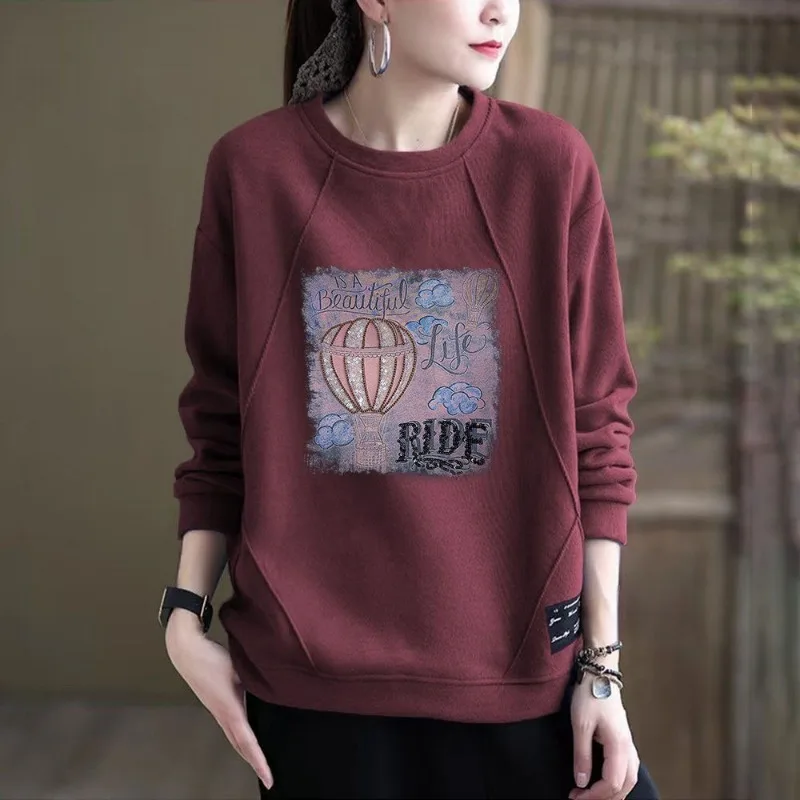 

Women's New Lazy Round Neck Long Sleeve Loose Printed Western Style Loose T-shirt