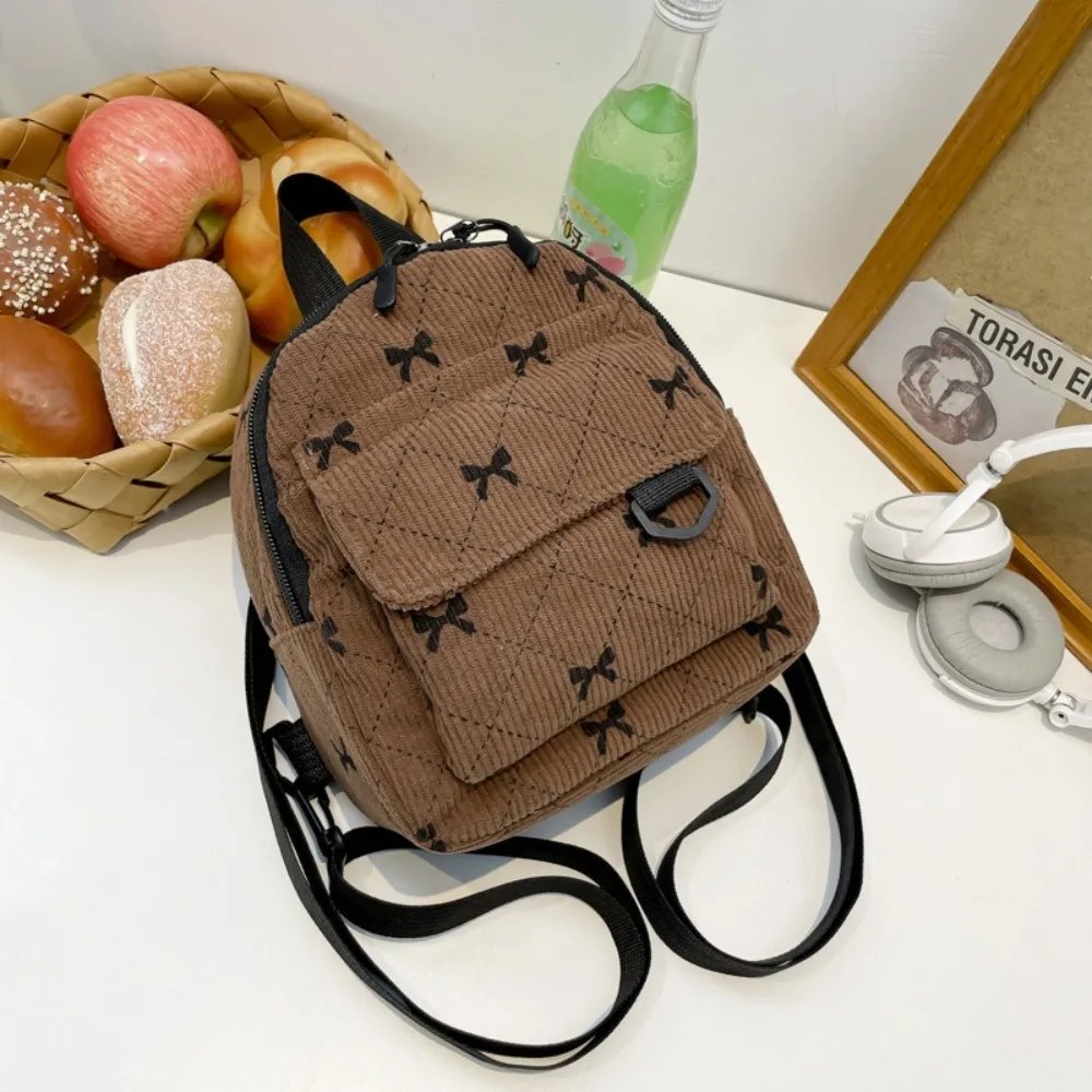 New Mini Backpack Bowknot Printed Sweet Storage Bag Corduroy Ins Rucksack Women