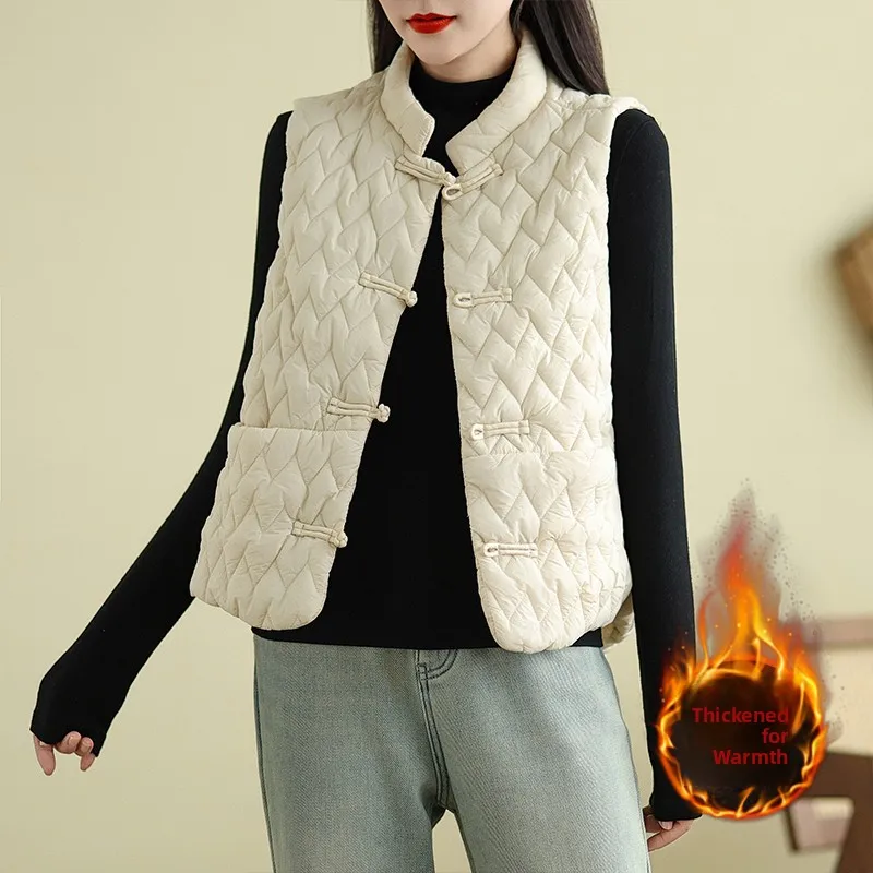 

New Chinese Sle Lightweight Warm Cotton Jaet Women's Stand Collar Svel Quilted Vest ort Outerwear Coat