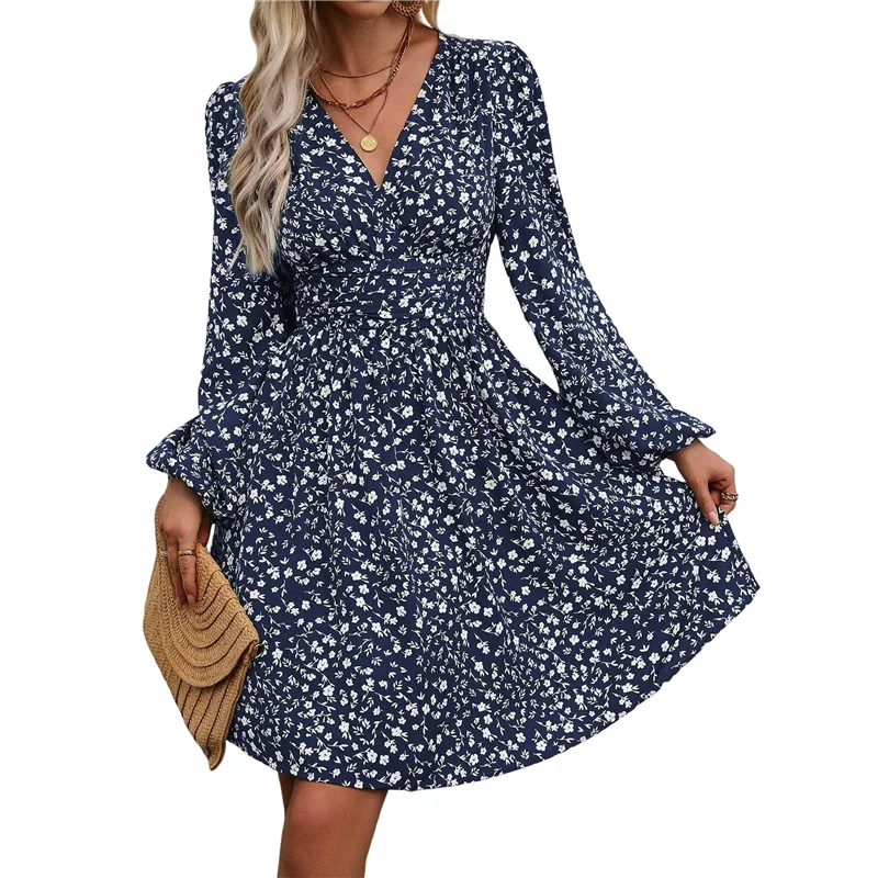 فستان نسائي أنيق بياقة على شكل V وأكمام طويلة وخصر عالٍ فساتين قصيرة لحفلات الكوكتيل - A55G #1