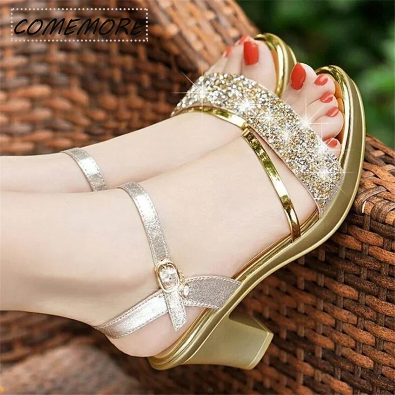 Sandals for Party and Weddings Elegant Woman Shoes with Medium Heels Casual Luxury Designer Sandals Shoes for Women 2023 Golden