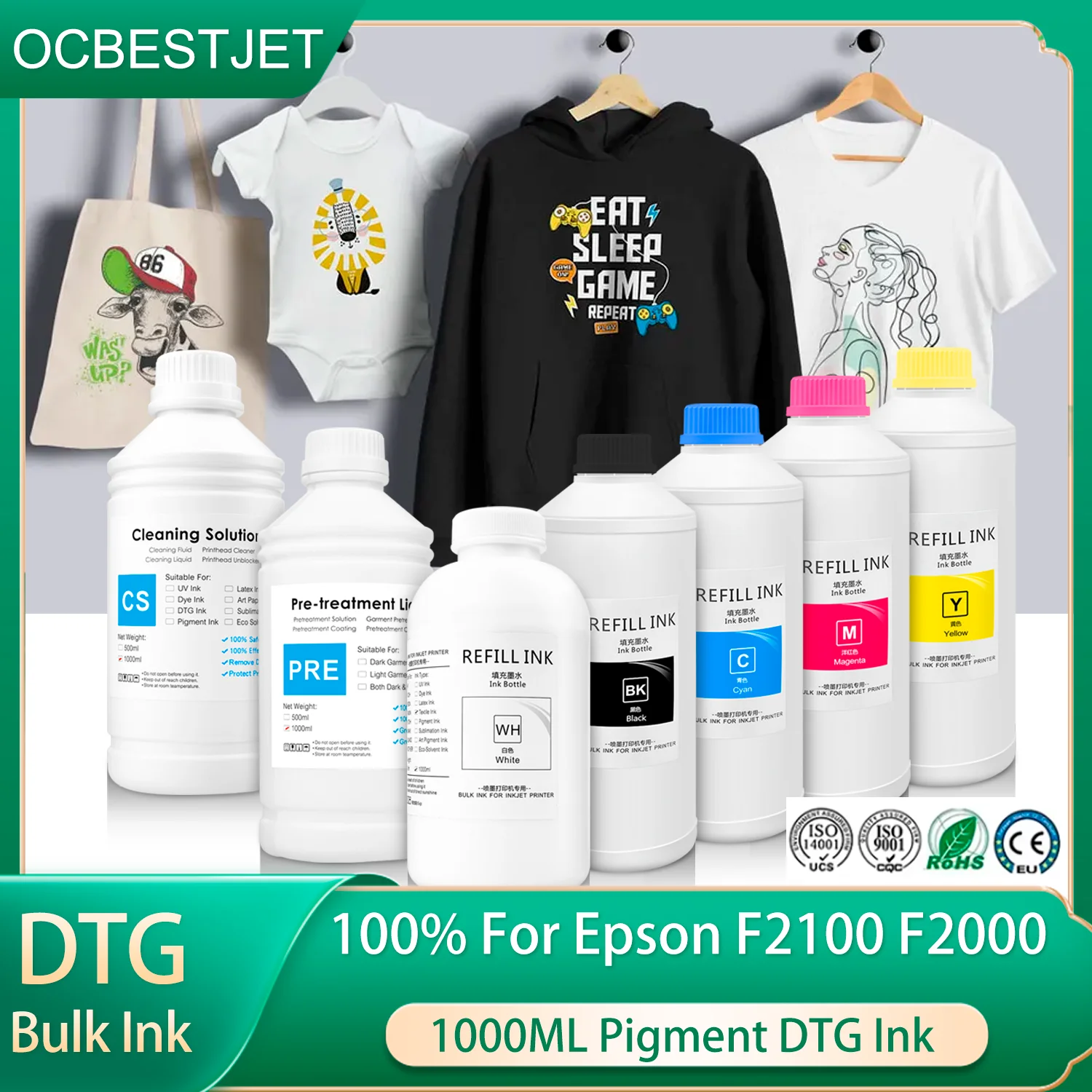 1000ML/Bottle DTG Ink Textile InK DX5 DX6 DX7 TX800 5113 4720 I3200 Printhead For Epson Printers 1390 R1900 R2000 F2000 F2100