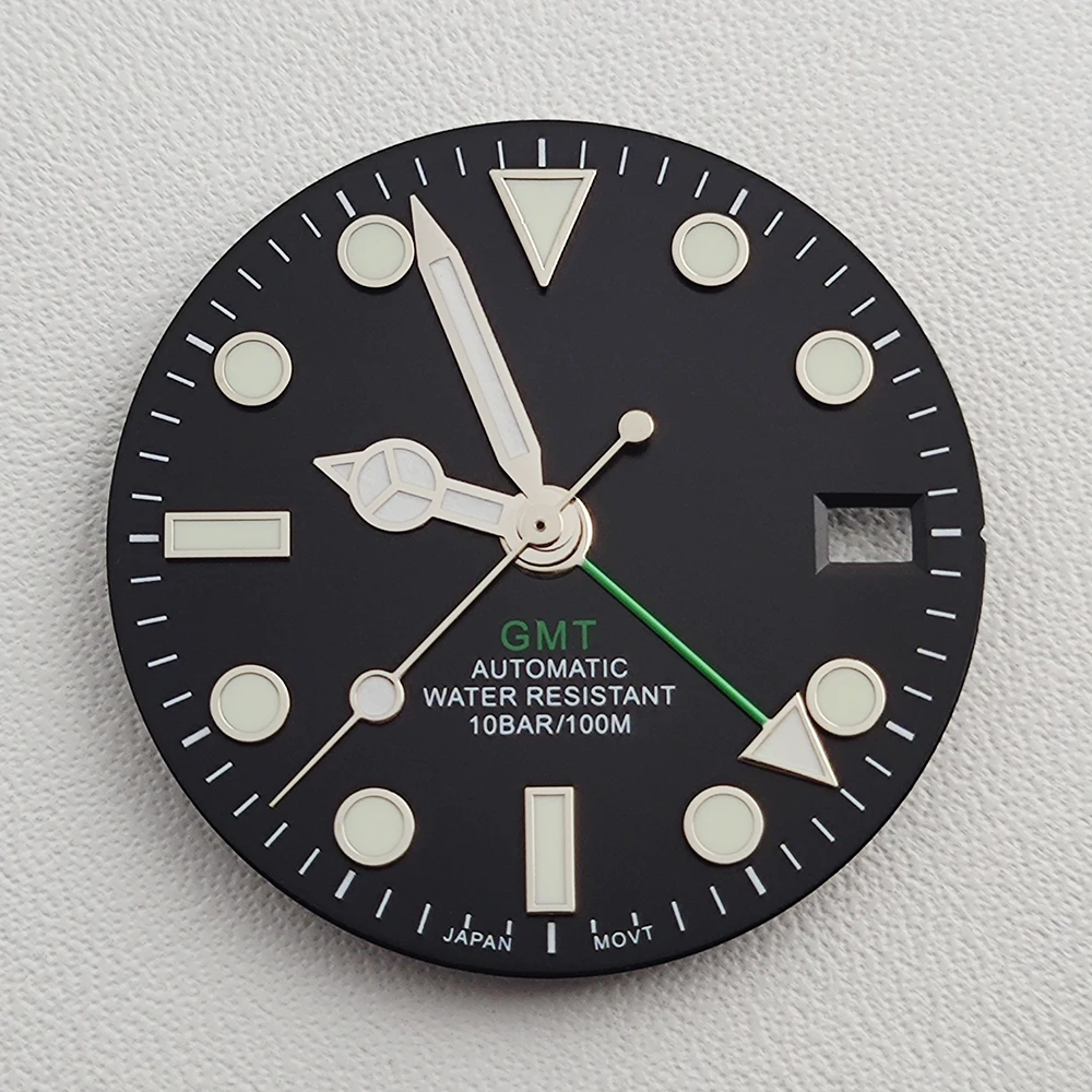 28,5 мм циферблат NH34 стрелки GMT четыре стрелки зеленый светящийся циферблат для часов NH34 модифицированный механизм запасные части для часов