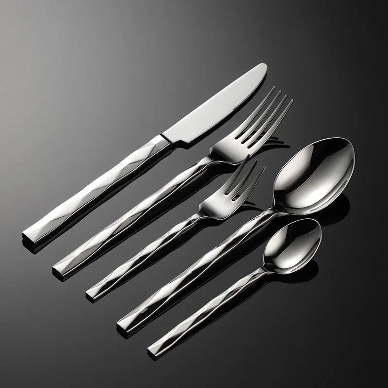 Diamond Pattern Stainless Steel Dinner Set Square Handle Cutlery Simple Fork Knife Spoon Teafork Dinning Tables Sets 2024