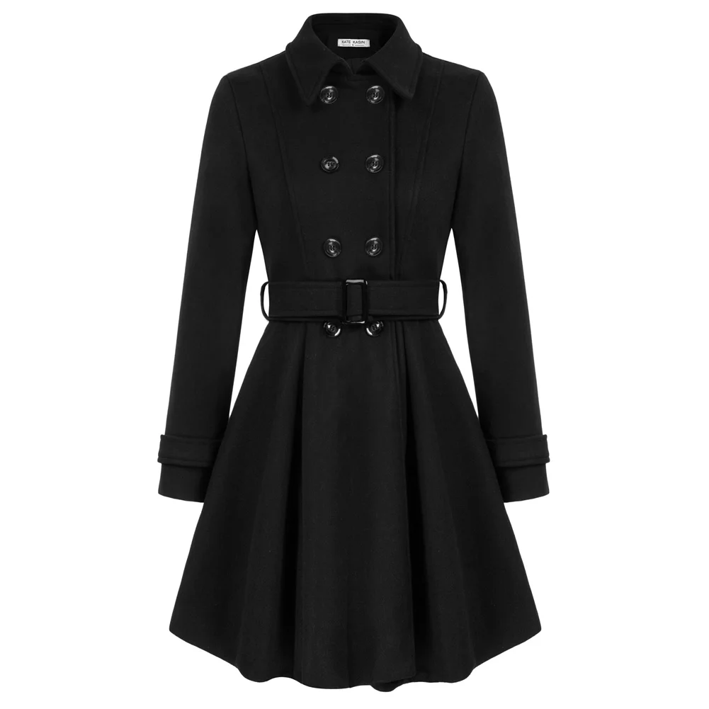 

KK Women's Coat Lapel Collar Peacoat With Belt Above Knee Double Breasted Overcoat Outerwear A-Line Silhouette Jackets