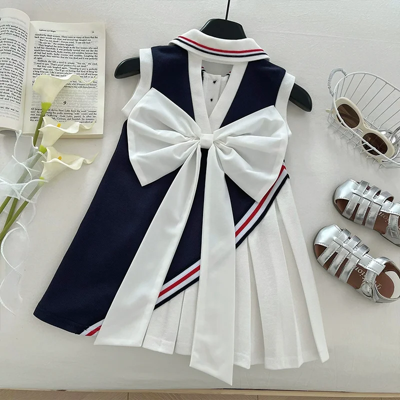 Sommerkleid für Mädchen, cooles, gestreiftes, ärmelloses A-Linien-Kleid, 2–10 Jahre, süßer Prinzessinnenrock mit Schleife, modische Kinderkleidung im Academy-Stil
