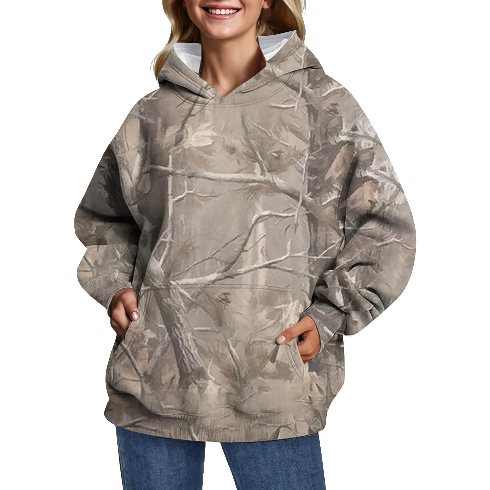 Outdoor Deadwood Sweatshirt Women\'S Realtree Graphics Hoodie Maple Leaf Print Oversized Sweatshirt Long Sleeve Hooded Sweatshirt