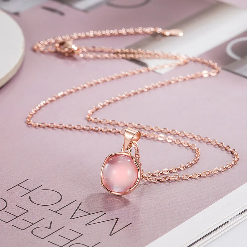 925 Sterling Silver Round Pendant Necklace with Pink Crystal Elegant Choker Wedding Jewelry Luxury Gift for Women Birthday