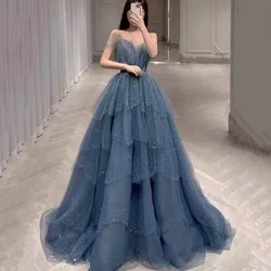 Customized Elegant Spaghetti Straps Prom Dresses Sweetheart Tulle A Line Party Gown Applique Shiny Lace Up Evening Dress Vestido