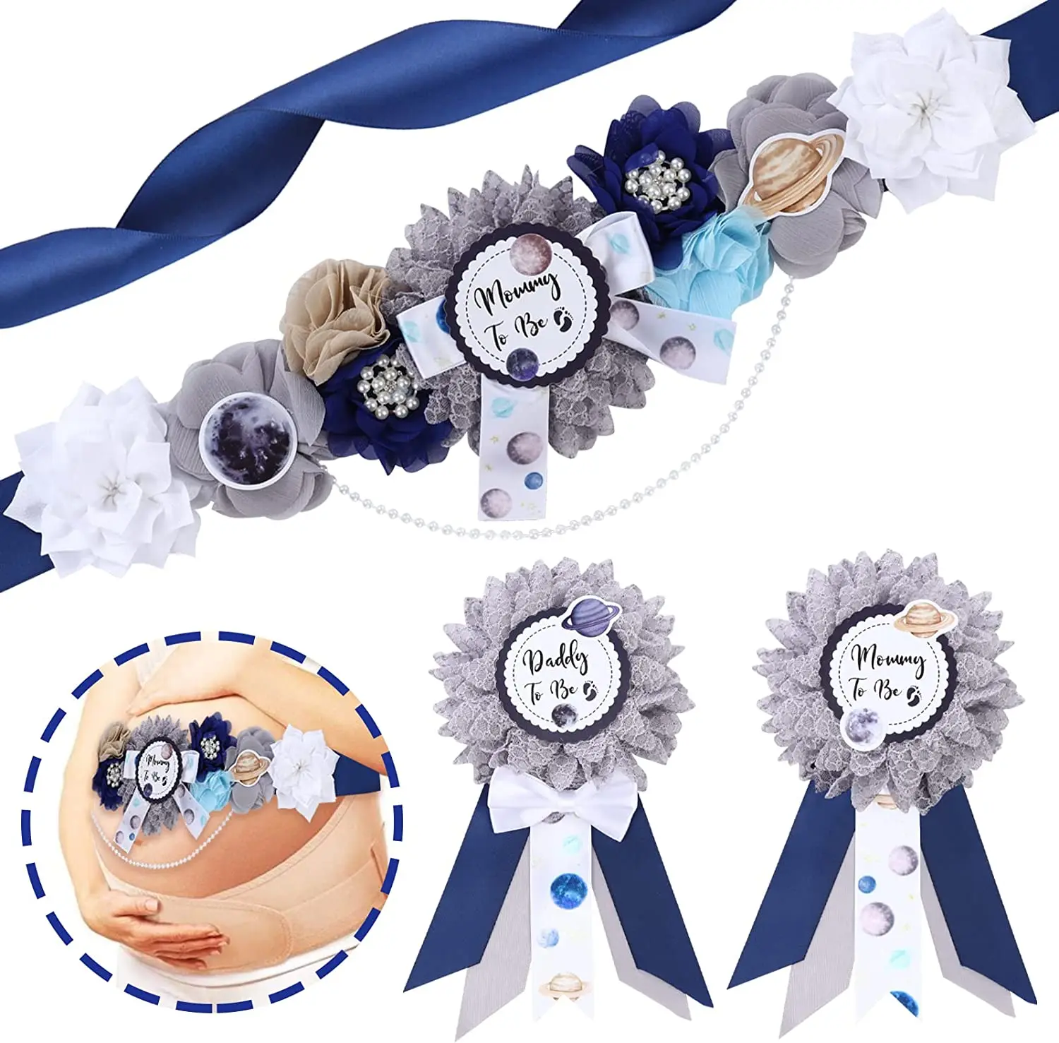 Space Baby Shower Sash  Mom to Be Flower Belly Belt with Dad to Be Corsage Pin Kit Baby Shower Decorations for Gender Reveal