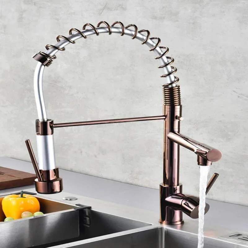 Chrome Spring Kitchen Faucet Pull-Down Dual Spouts 360° Swivel Handheld Sprayer Hot and Cold Kitchen Mixer Tap