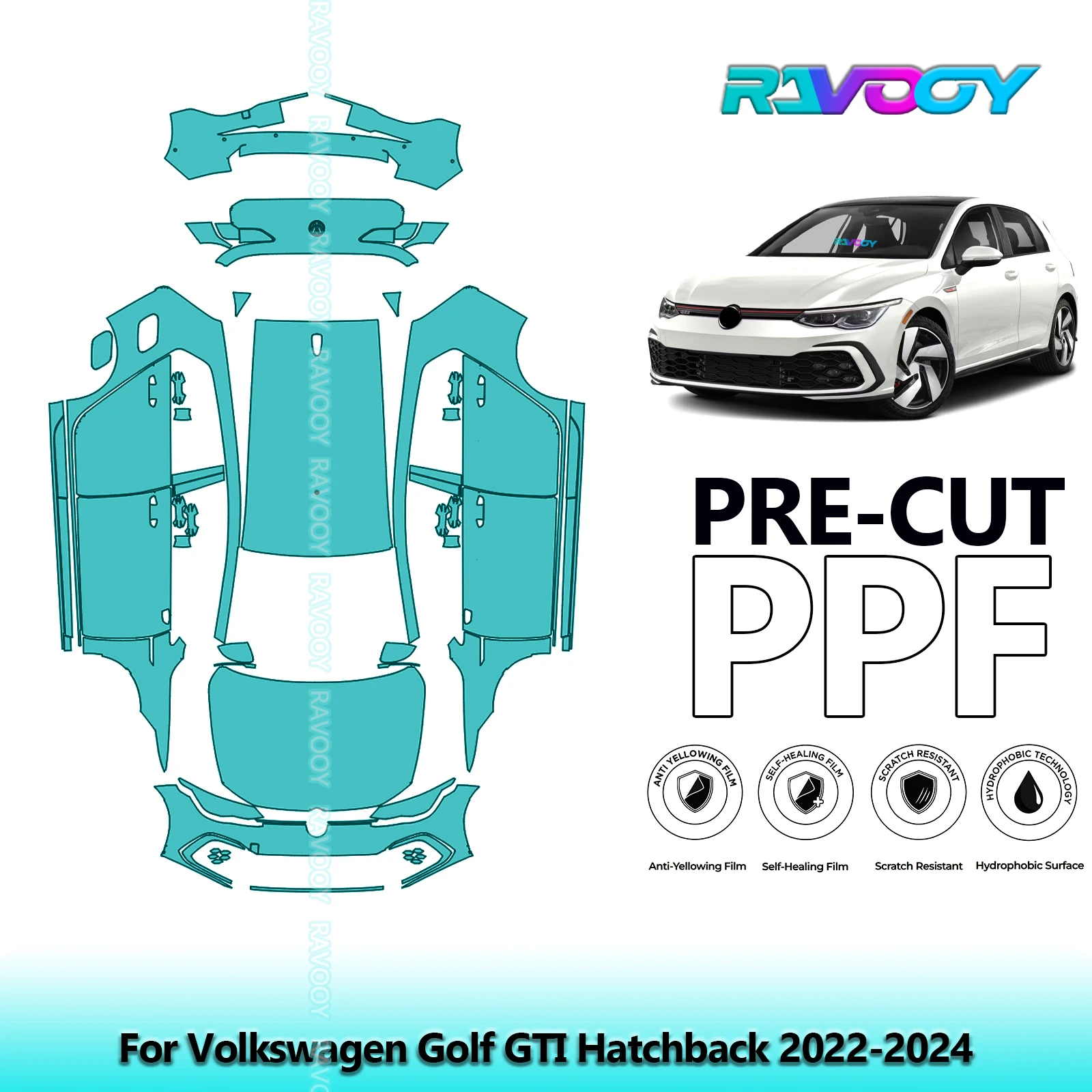 For Volkswagen Golf GTI Hatchback 2022-2024 Full Body 8.5Mil Pre-Cut Paint Protection Film PPF Clear Bra Kit | Clear/Matte/Black
