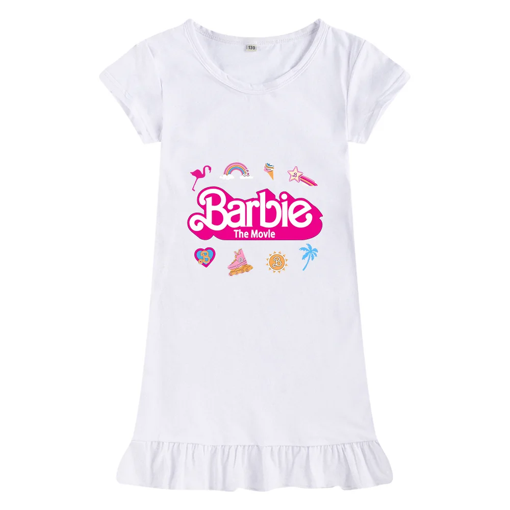 Girls Pajama Skirt Barbie Cartoon Sweet Cute Children Summer Home Clothing Ice Silk Short Sleeve Dress Nightwear Dresses