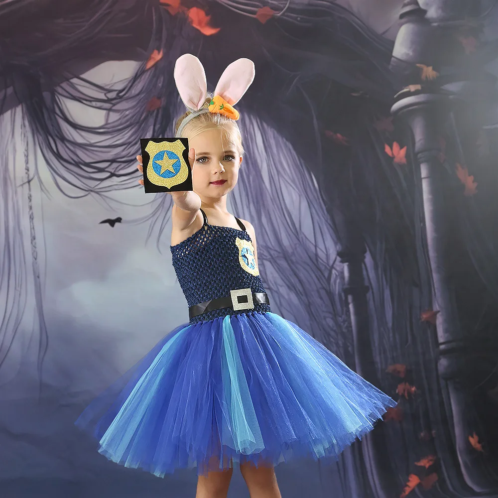 

Children Girl Cosplay Movie Zootopia 2 Judy Officer Puffy Costume Girl Rabbit Sheriff Cosplay Clothes Mesh Knitted Dress