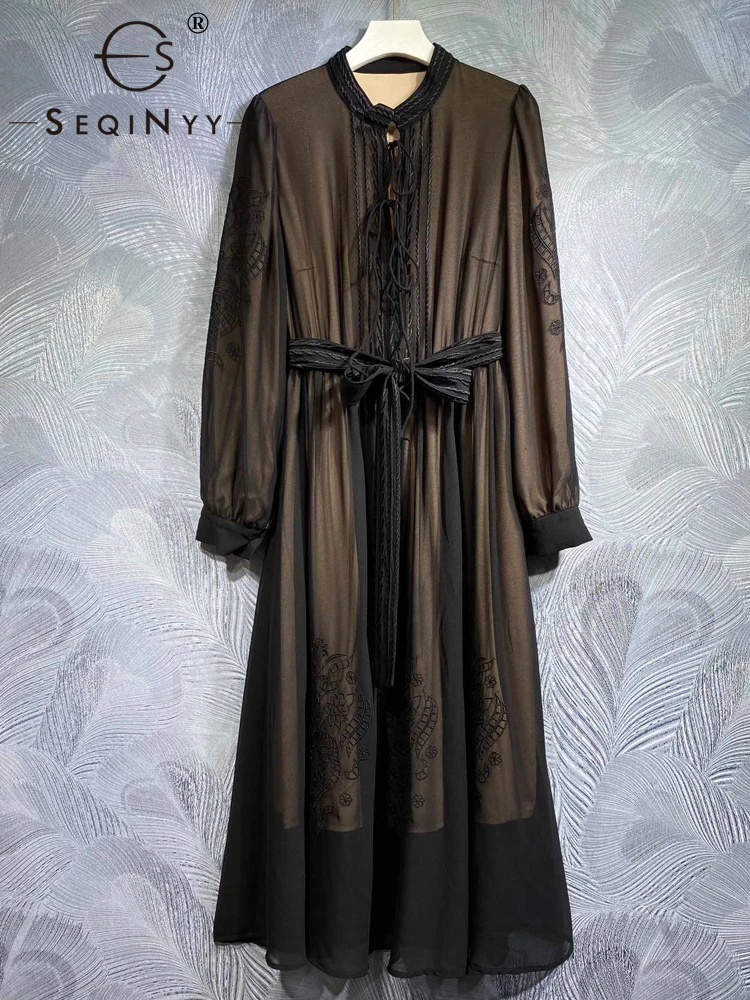 

SEQINYY Elegant Black Midi Dress Summer Spring New Fashion Design Women Runway Embroidery Flower Vintage Lace-Up Belt